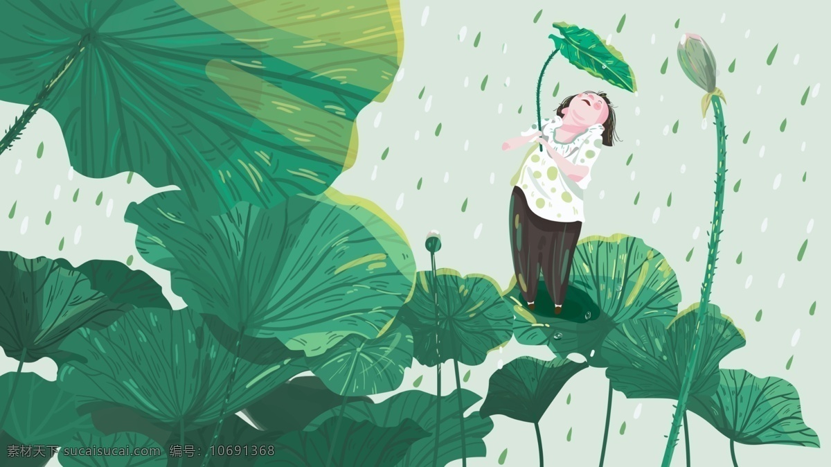 你好 早安 原创 清新 插画 趣味 海报 配 图 可爱 绿色 壁纸 荷叶 雨滴 小孩 日签 配图