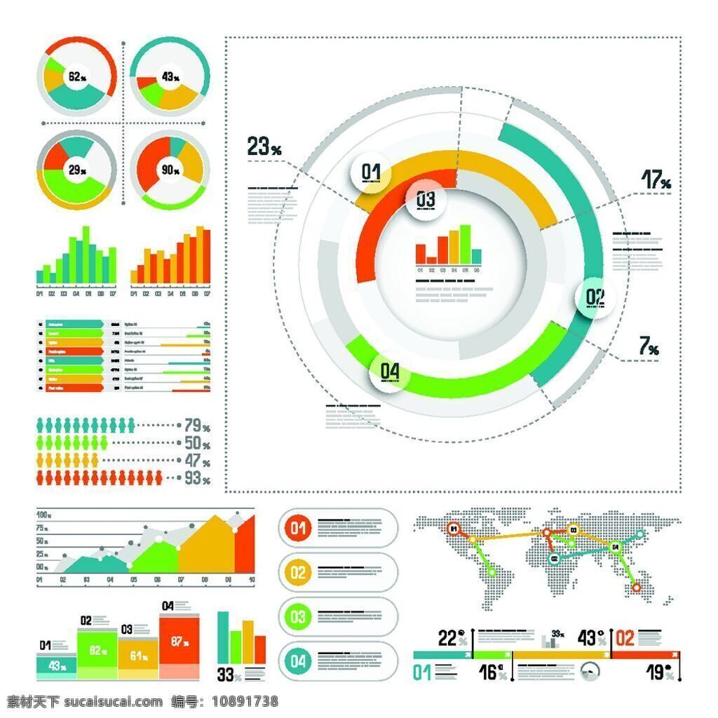 彩色 圆环 世界地图 图表 统计 数据