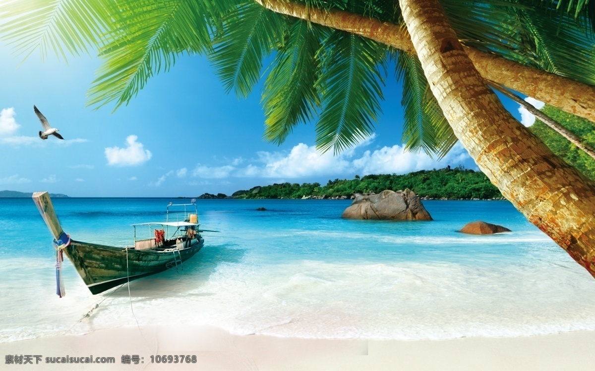 地中海 背景墙 地中海背景墙 海洋 船 椰树 海鸥 电视背景墙 壁画 地中海系列 分层 背景素材