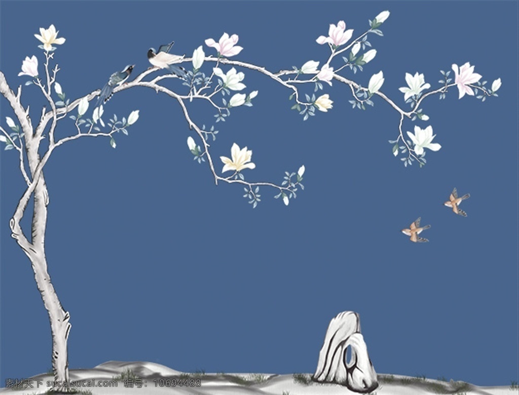 蓝色 底 玉兰 花鸟 背景 墙 蓝色背景 壁纸 壁画 背景墙 分层
