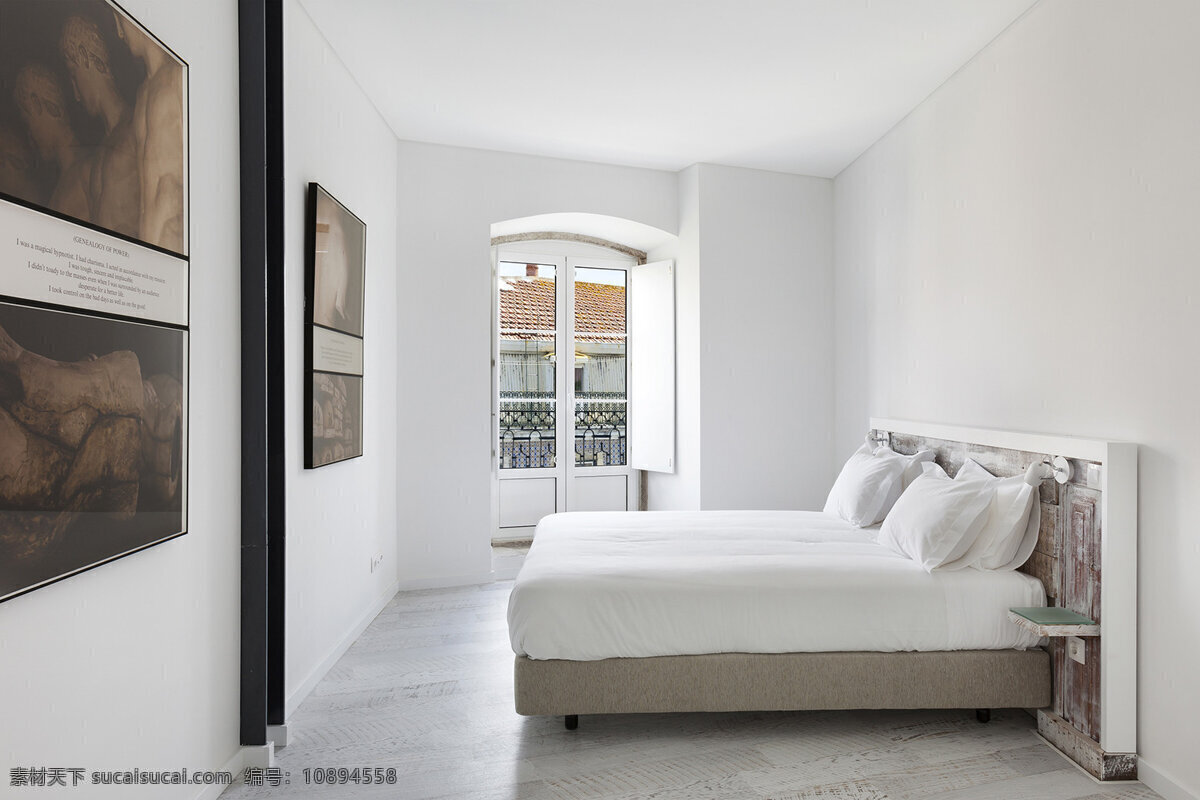 现代 极 简 白色 系 卧室 褐色 挂画 室内装修 效果图 卧室装修 浅色地板 白色背景墙 白色床头