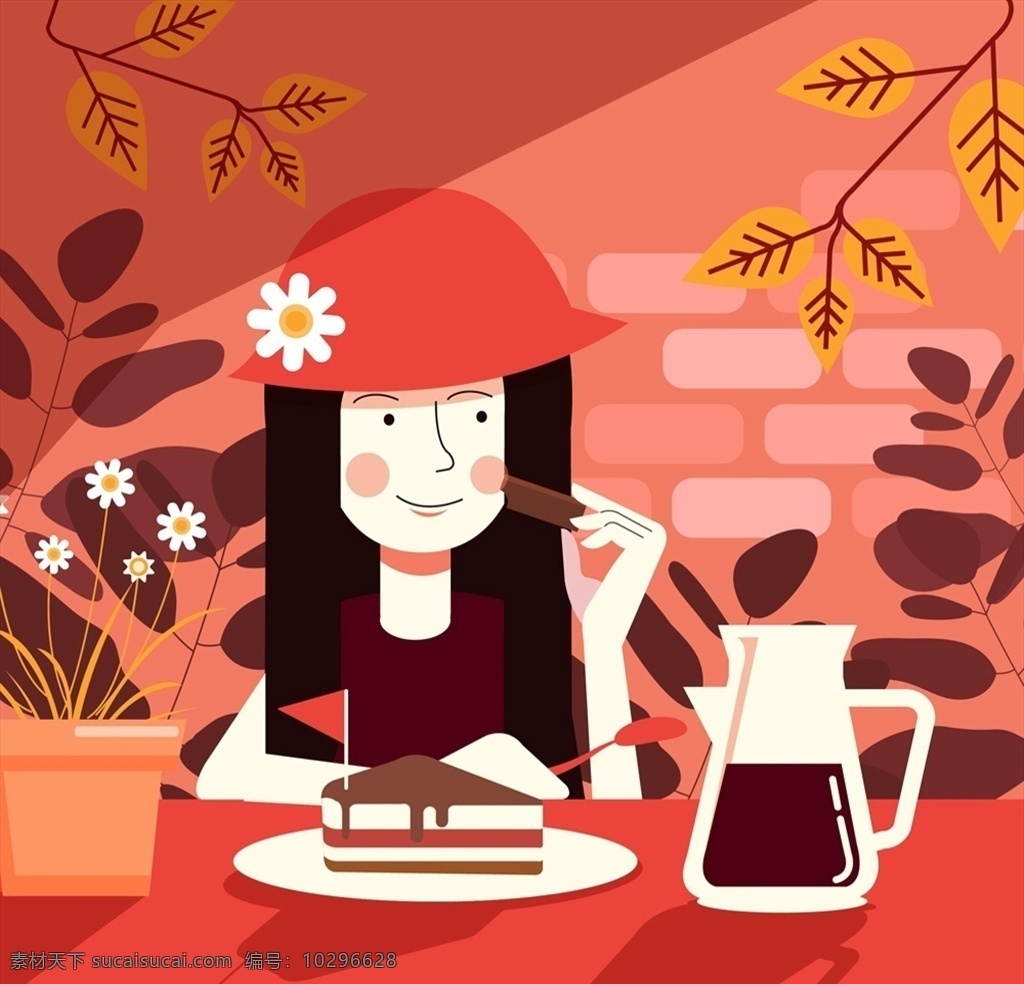 喝 下午 茶 女子 红茶 茶壶 树叶 蛋糕 桌子 盆栽 矢量 高清图片
