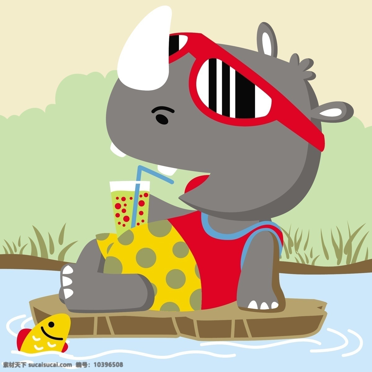 犀牛 河 上 喝 饮料 动漫 可爱 图 手绘 儿童动漫 犀牛喝饮料