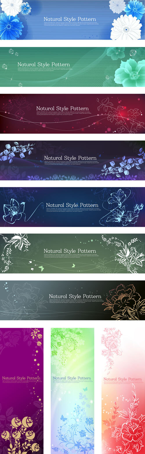 清新 背景 横幅 矢量 花纹 冷色调 线描花朵 矢量图 其他矢量图