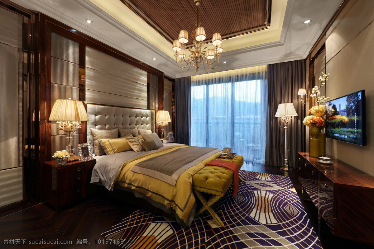 现代 时尚 卧室 亮 银色 背景 墙 室内装修 效果图 卧室装修 深色花纹地毯 深色家具 黄色台灯