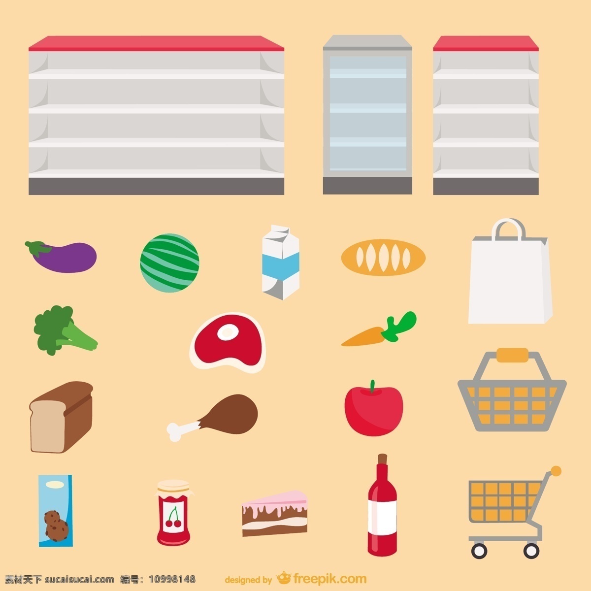 超市货架 食物 矢量 超市 购物车 购物袋 胡萝卜 货架 面包 牛奶 苹果 矢量图 蔬菜 水果 日常生活