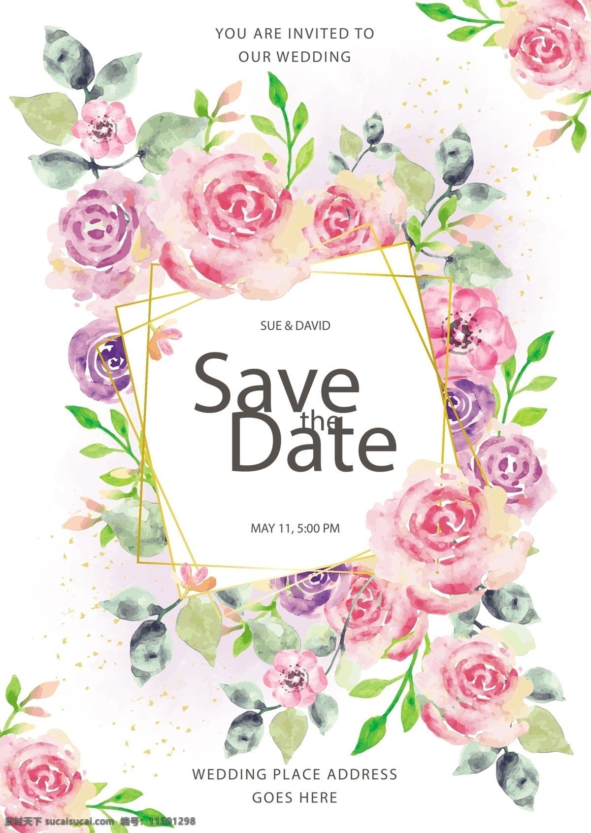 玫瑰 婚礼 邀请 卡 木板 粉玫瑰 紫玫瑰 水彩 玫瑰花 矢量 高清图片
