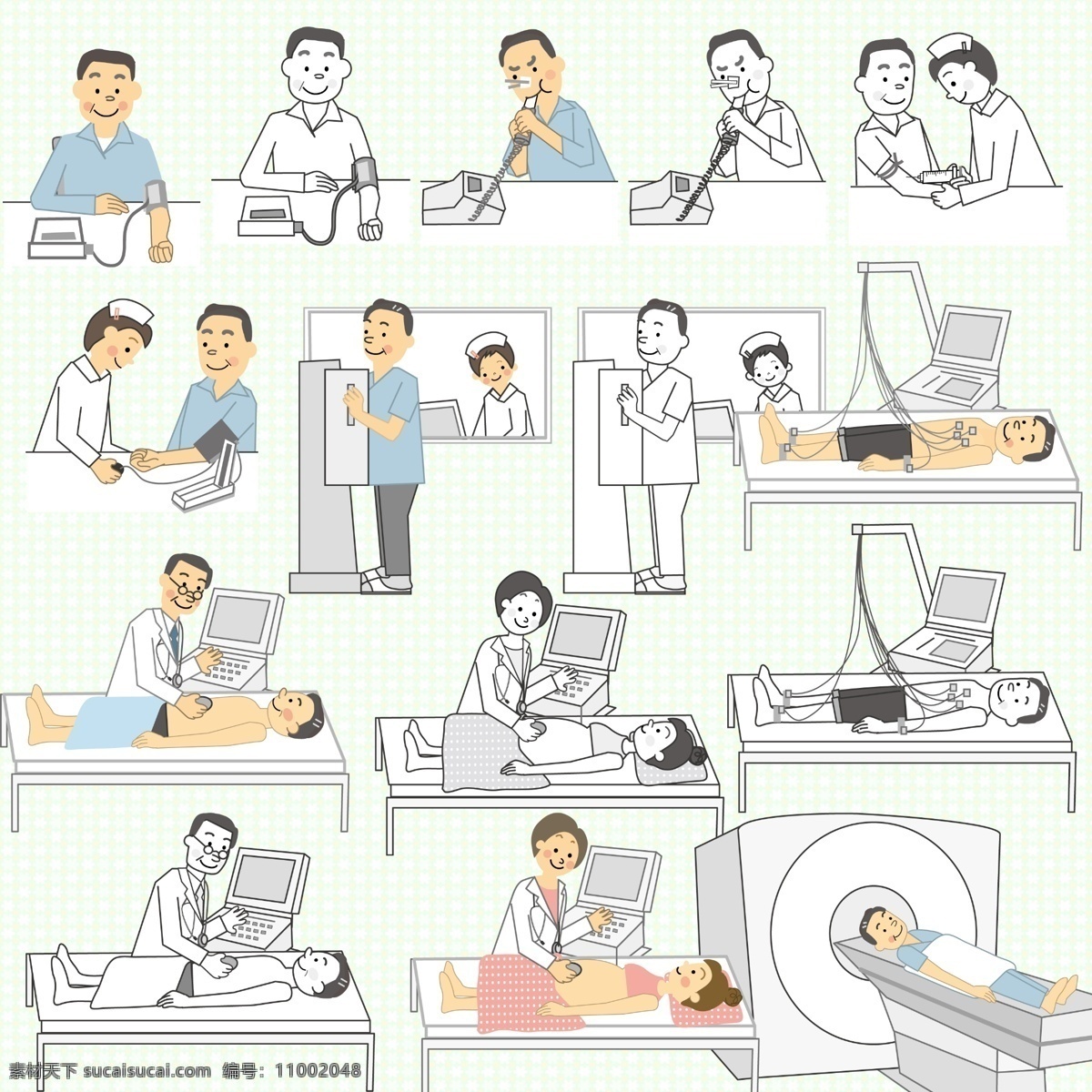 人物体检 人物 体检 测血压 肺活量 心电图 胎心 超声波 卡通 分层 源文件