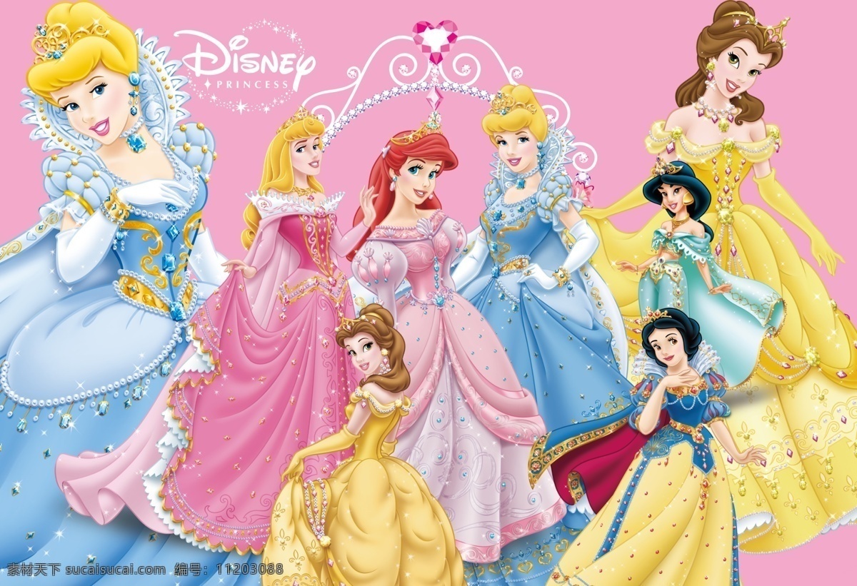 公主 迪士尼公主 五公主 白雪公主 灰姑娘 美人鱼 动画 卡通迪士尼 卡通人物 心 分层 源文件