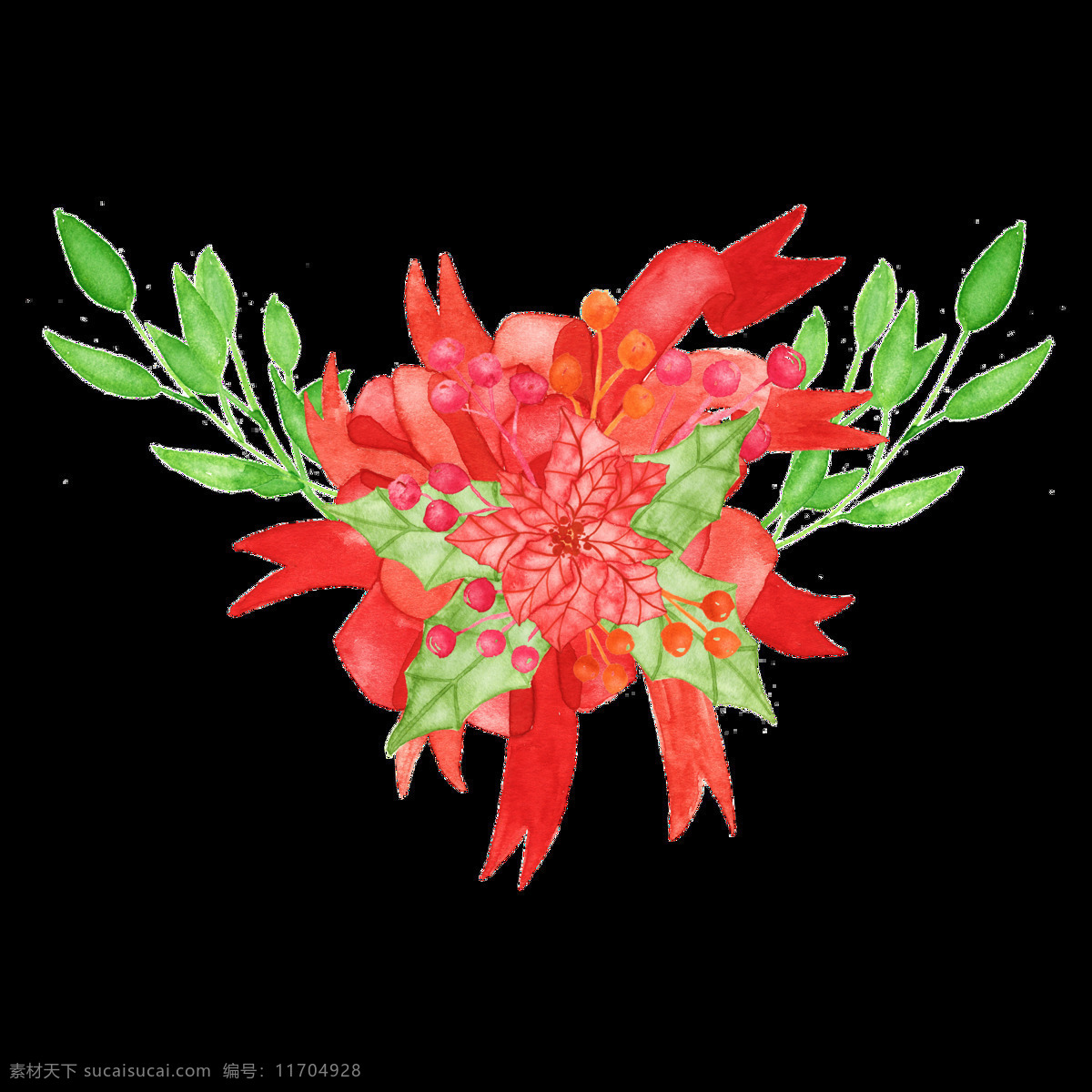 手绘 红色 花束 透明 枫叶 绿色 免扣素材 水彩 丝带 透明石材 叶子 装饰图案