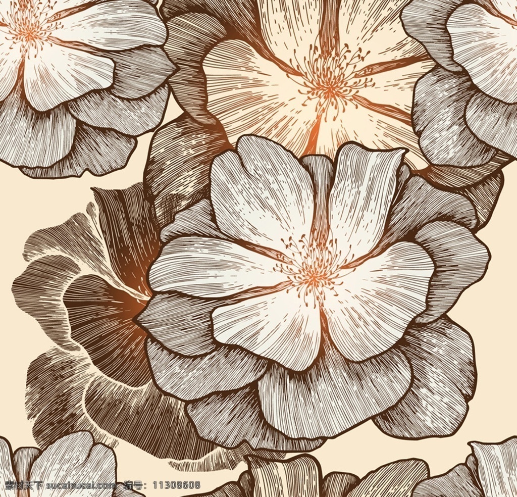 复古 花卉 背景 矢量 花朵 植物 装饰 手绘 卡片 插画 海报 画册 矢量植物 生物世界 花草