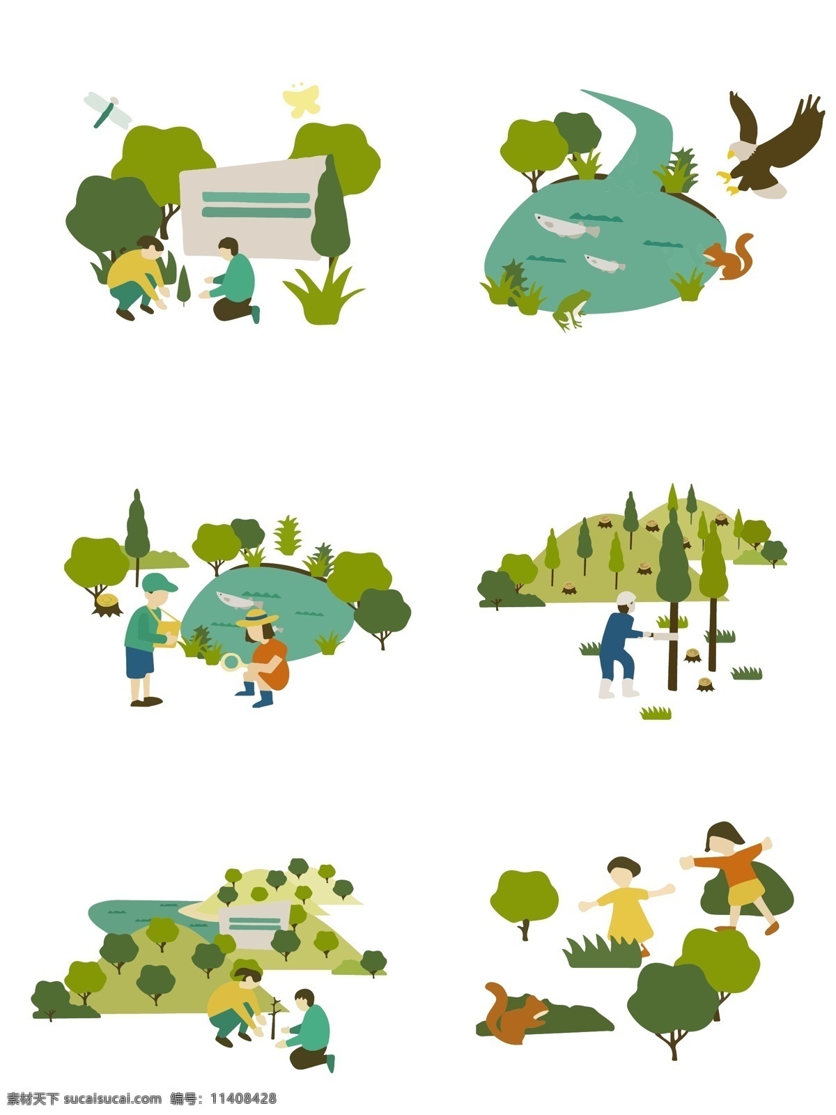 植物 游玩 动物 儿童 保护 环境 类 插画 风景 森林 自然 保护环境 树木 绿植 自然界 扁平插画