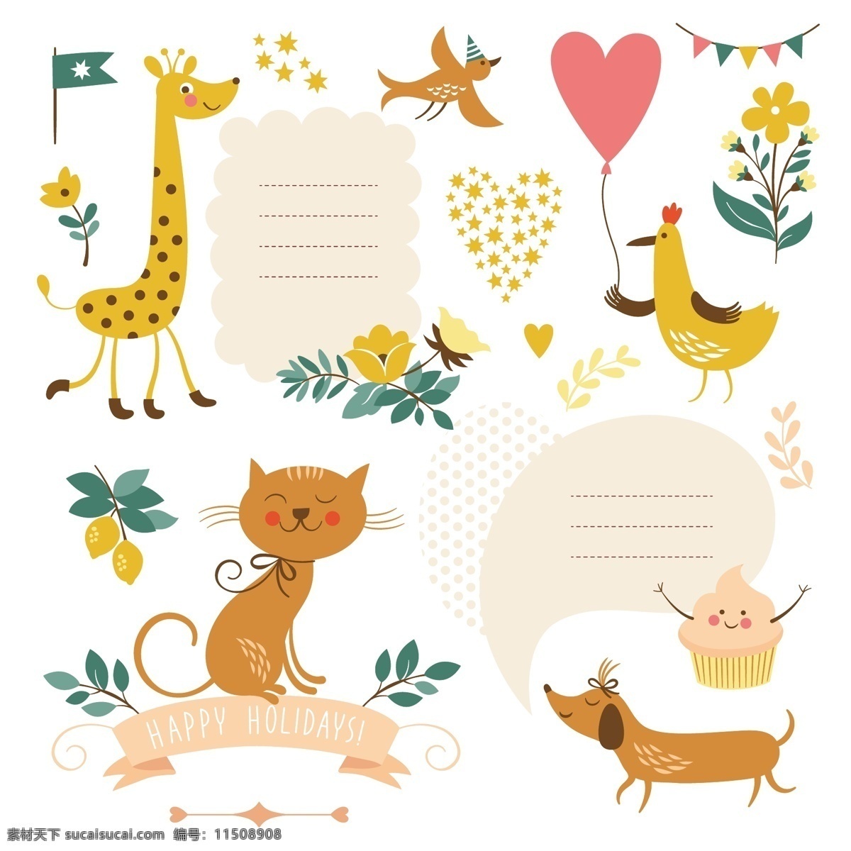 卡通 动物 长颈鹿 狗 花朵 卡通动物 猫 鸟 矢量图 其他矢量图