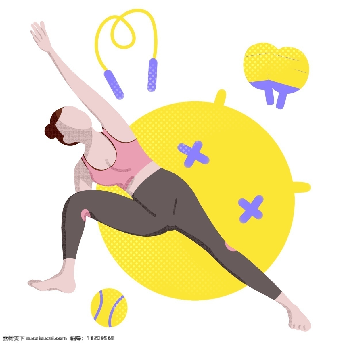 伸展 运动 女孩 插画 伸展运动 热身运动 健身的女孩 黄色跳绳 黄色瑜伽球 乒乓球拍 黄色棒球