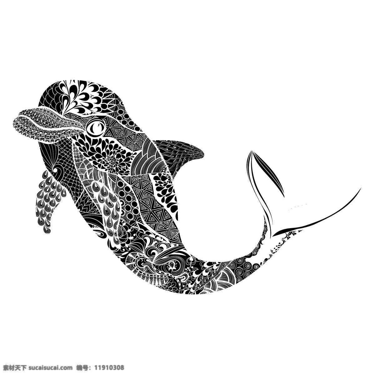 黑白 时尚 花纹 海豚 插画 卡通 艺术