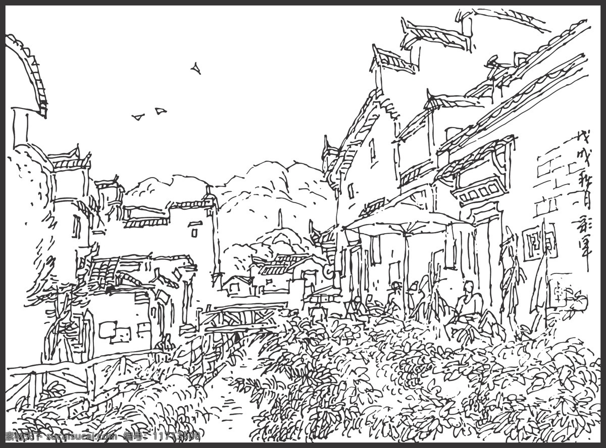村落 村景 植物 树木 大山 民居 建筑 线条 矢量 装饰 插画 绘画 文化艺术 绘画书法