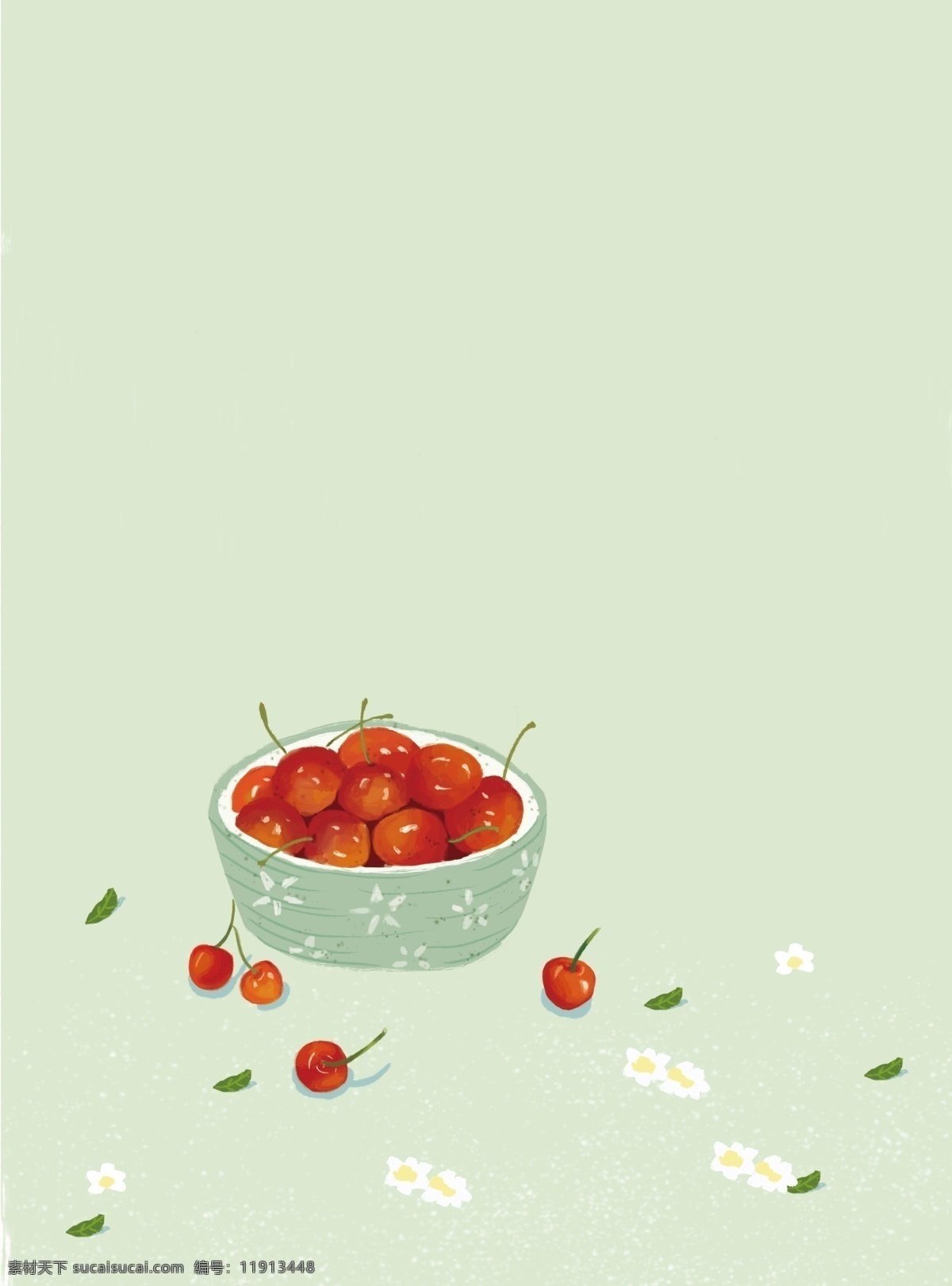 绿色 背景 红色 樱桃 插画 清新 唯美 水果