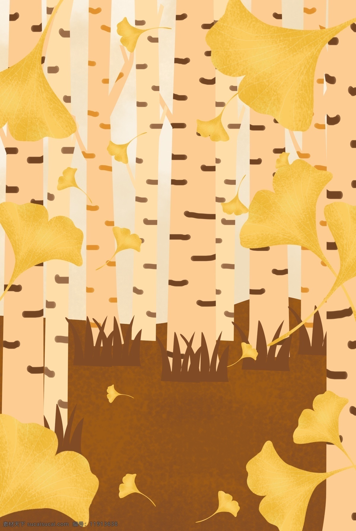手绘 立秋 海报 背景 二十四节气 秋季 秋天 落叶 银杏树 树叶 树木