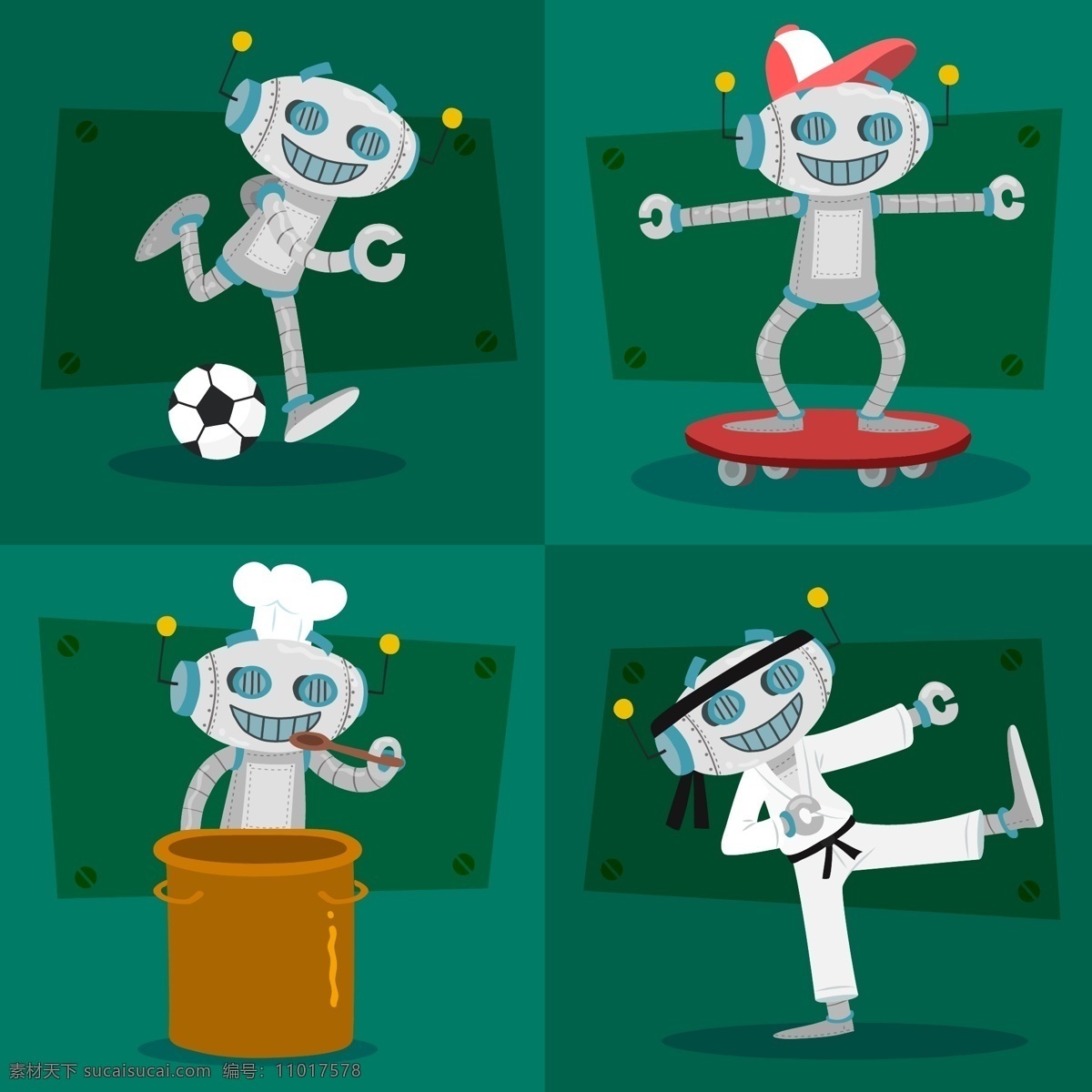 白色 运动 锻炼 机器人 插画 滑板 机器 健身 柔道 矢量 踢足球 未来