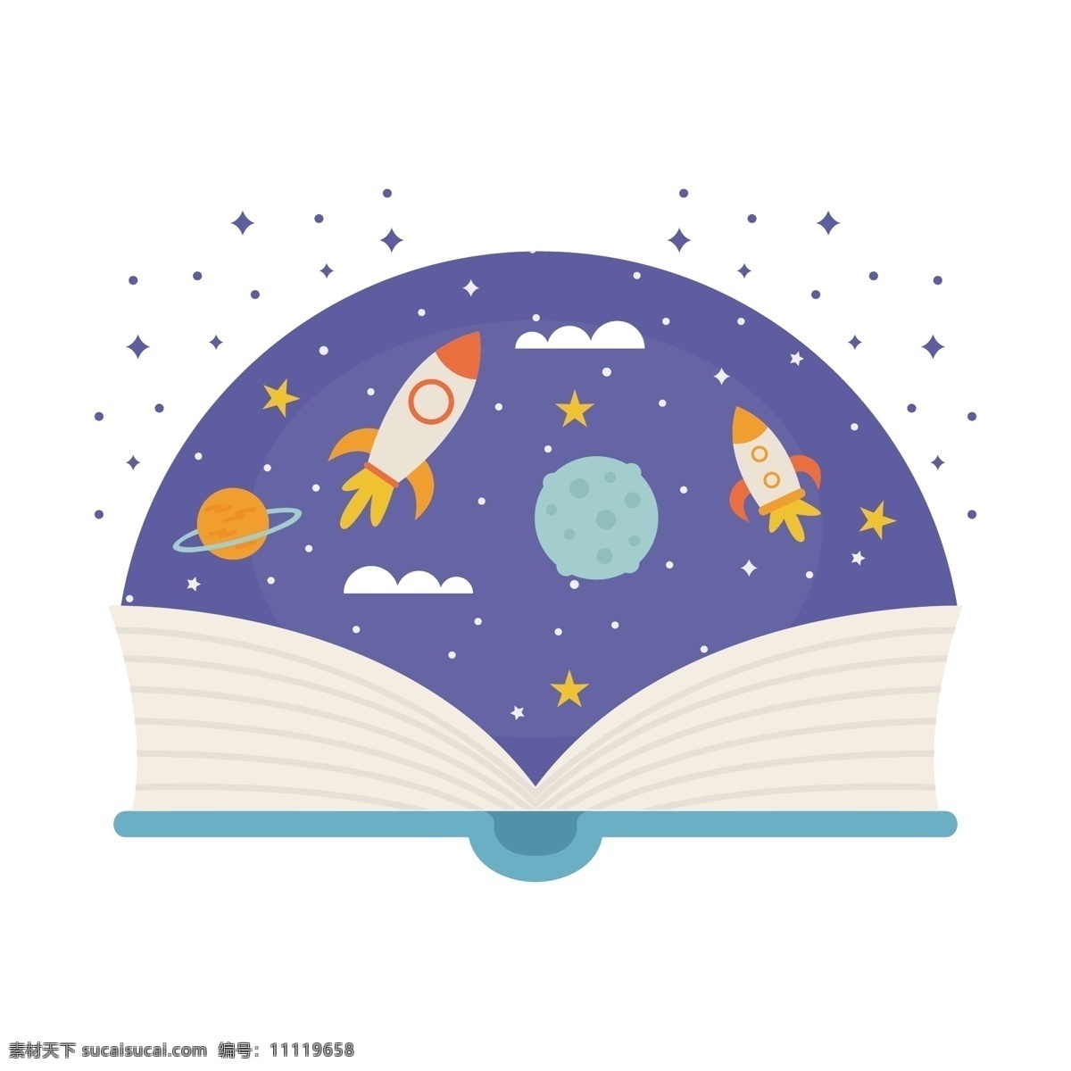 卡通书 里 太空 遨游 矢量 外太空 飞船 火箭 星球 银河系 宇宙 卡通书籍 打开的书籍 书里的太空 太空遨游 遨游太空