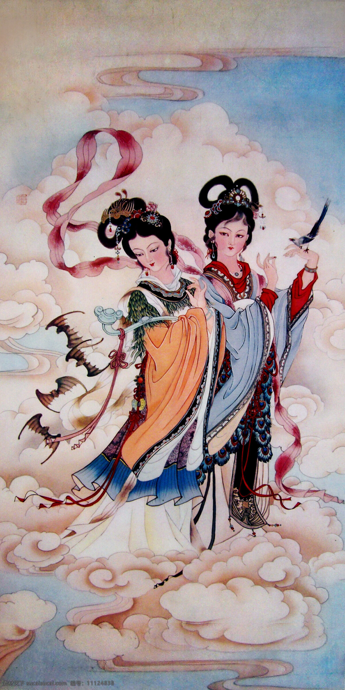 福禄如意 美术 中国画 工笔重彩画 人物 古代仕女 仙子 仙女 美丽 发型 服饰 动作 表情 姿势 蝙蝠 喜鹊 玉如意 云彩 国画艺术 工笔画 仕女 集锦 绘画书法 文化艺术