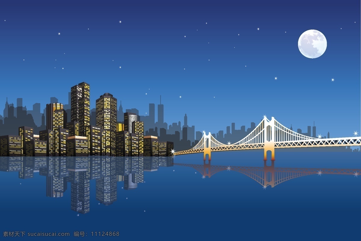 月夜 大桥 城市 剪影 晚上 海边 夜色 月亮 月光 月色 倒影 高楼 摩天楼 星夜 星光 星星 自然景观 人文景观