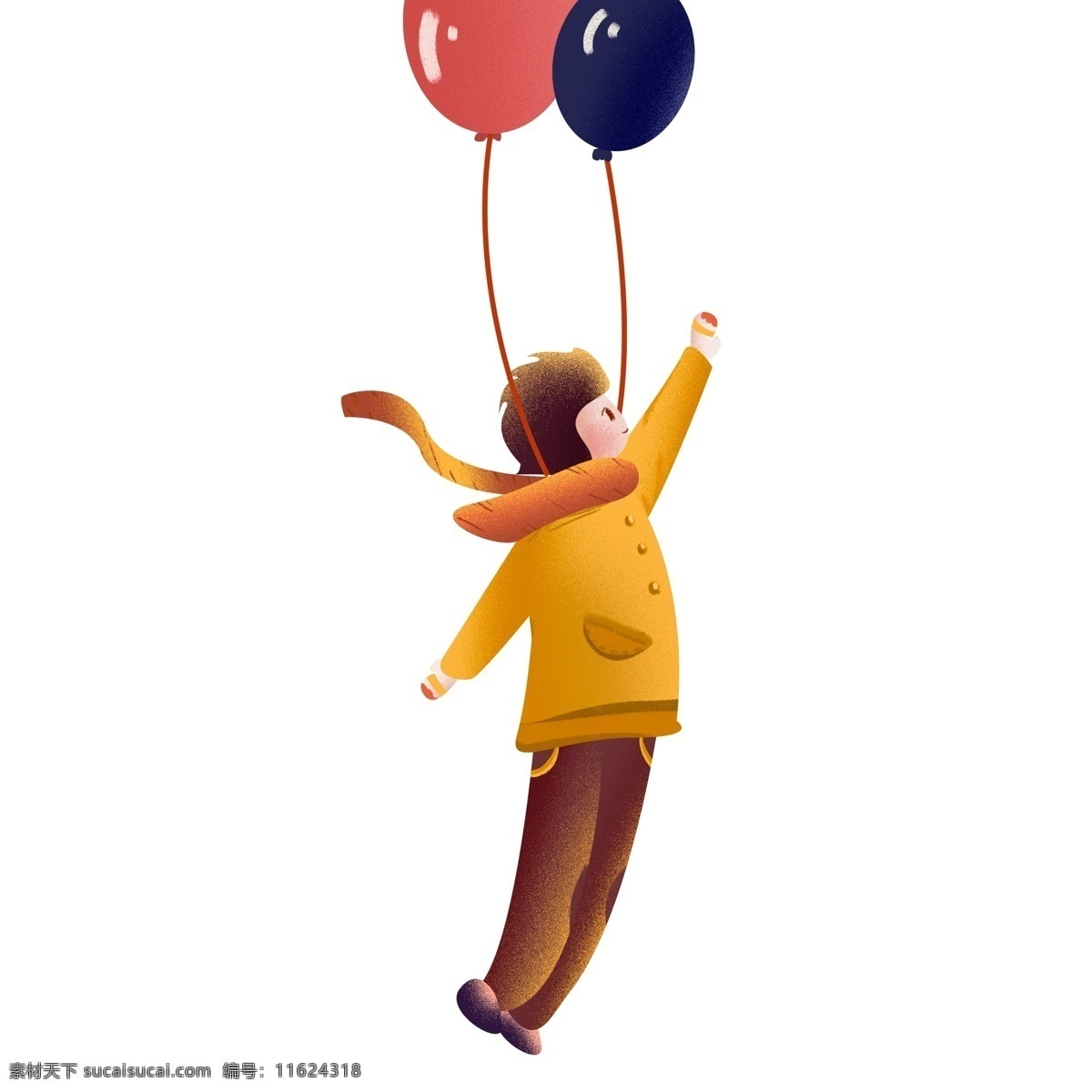 手绘 绑 气球 男孩 卡通 人物 插画 童趣 绑着气球 童真