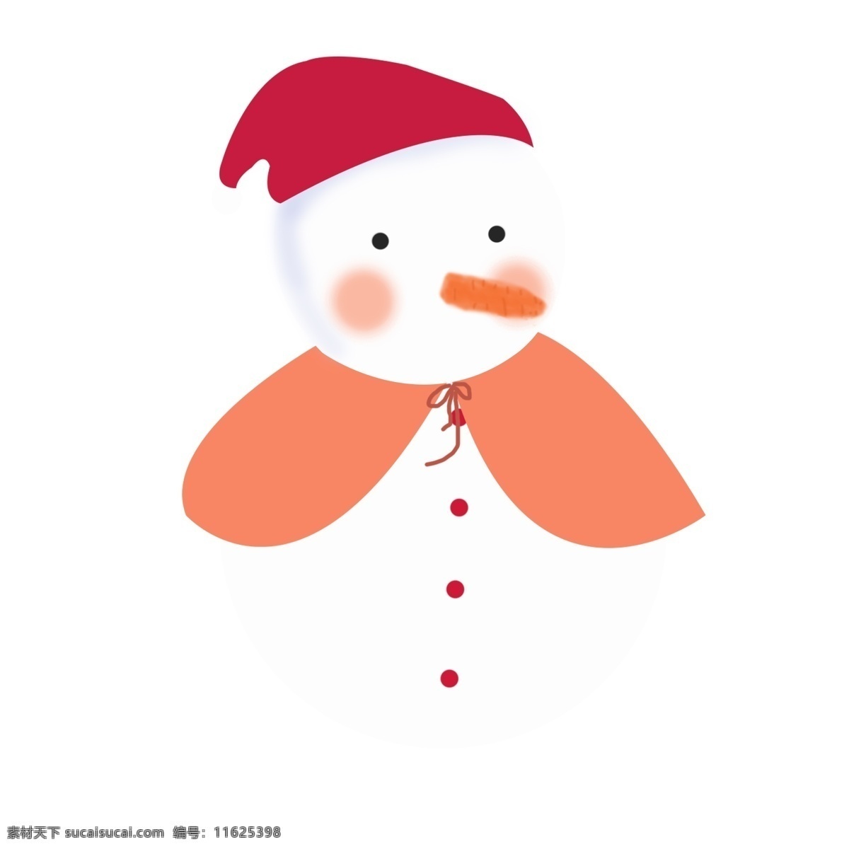 冬天 带 红色 帽子 雪人 插画 披风 胡萝卜 白色 橘色 可爱 天真 卡通 手绘 免抠 矢量
