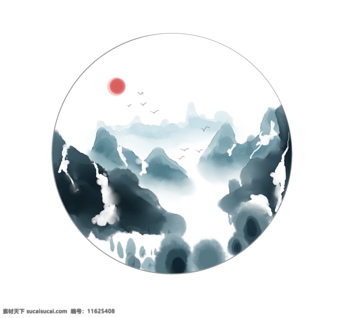 日出 冬季 水墨 山水画 卡通插画 手绘水墨插画 创意山水插画 漂亮的山水画 红红的太阳 落雪的大山