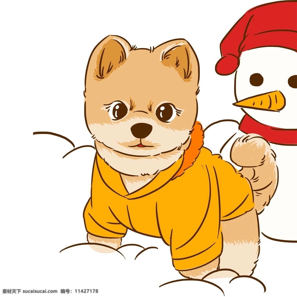 小狗 雪人 免 抠 图 小狗狗 动物 帽子 红色的帽子 卡通图案 卡通插画 可爱的雪人 红色的雪人 免抠图