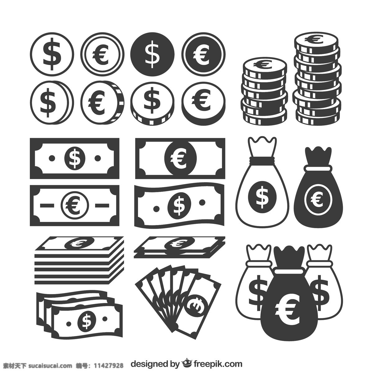 钱币 纸币 矢量 钱袋 欧元 美元 金融图标 高清图片