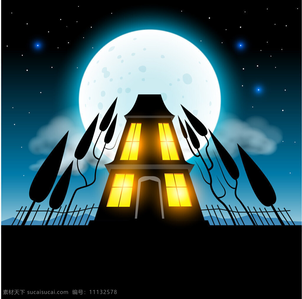 卡通 夜晚 月光 城堡 背景 海报 矢量