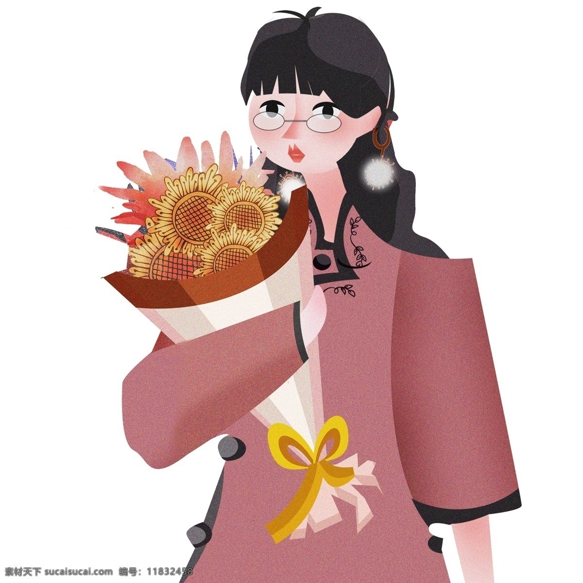 中国 风 捧 束 雏 菊 少女 卡通 中国风 女性 植物 插画 复古 雏菊