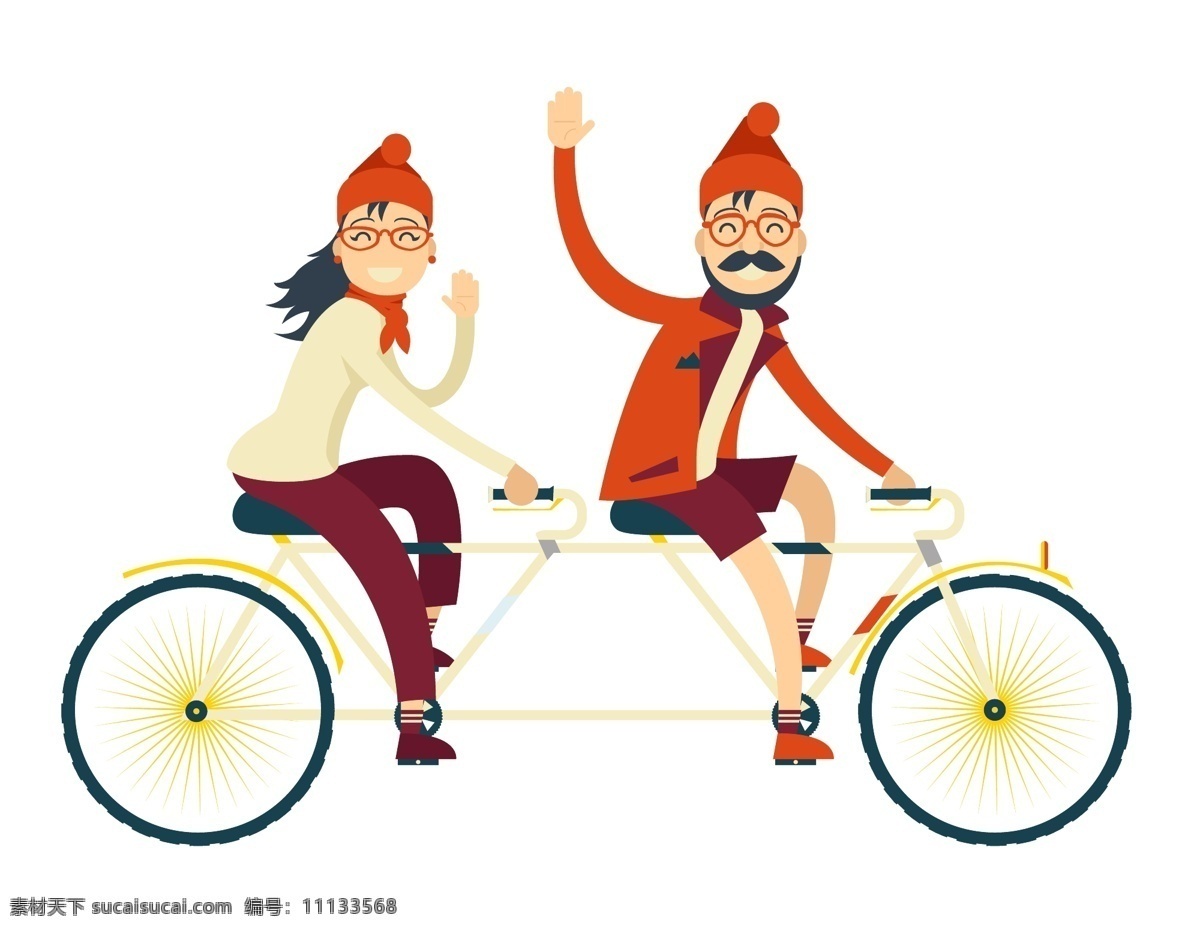 卡通 共享 单车 骑 行 元素 骑行 运动 矢量元素 手绘 双人单车 招手 ai元素
