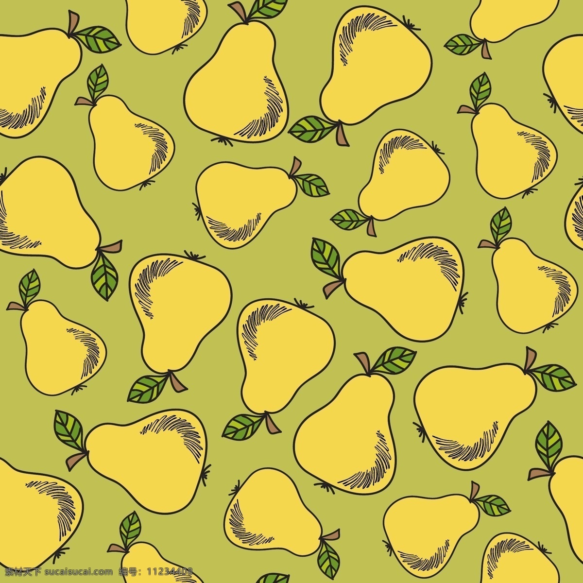 鲜梨无缝图案 背景 图案 食物 质地 夏天 绿色 自然 手绘 水果 墙纸 可爱 艺术 色彩 花园 彩色 苹果 黄色 装饰 绘画