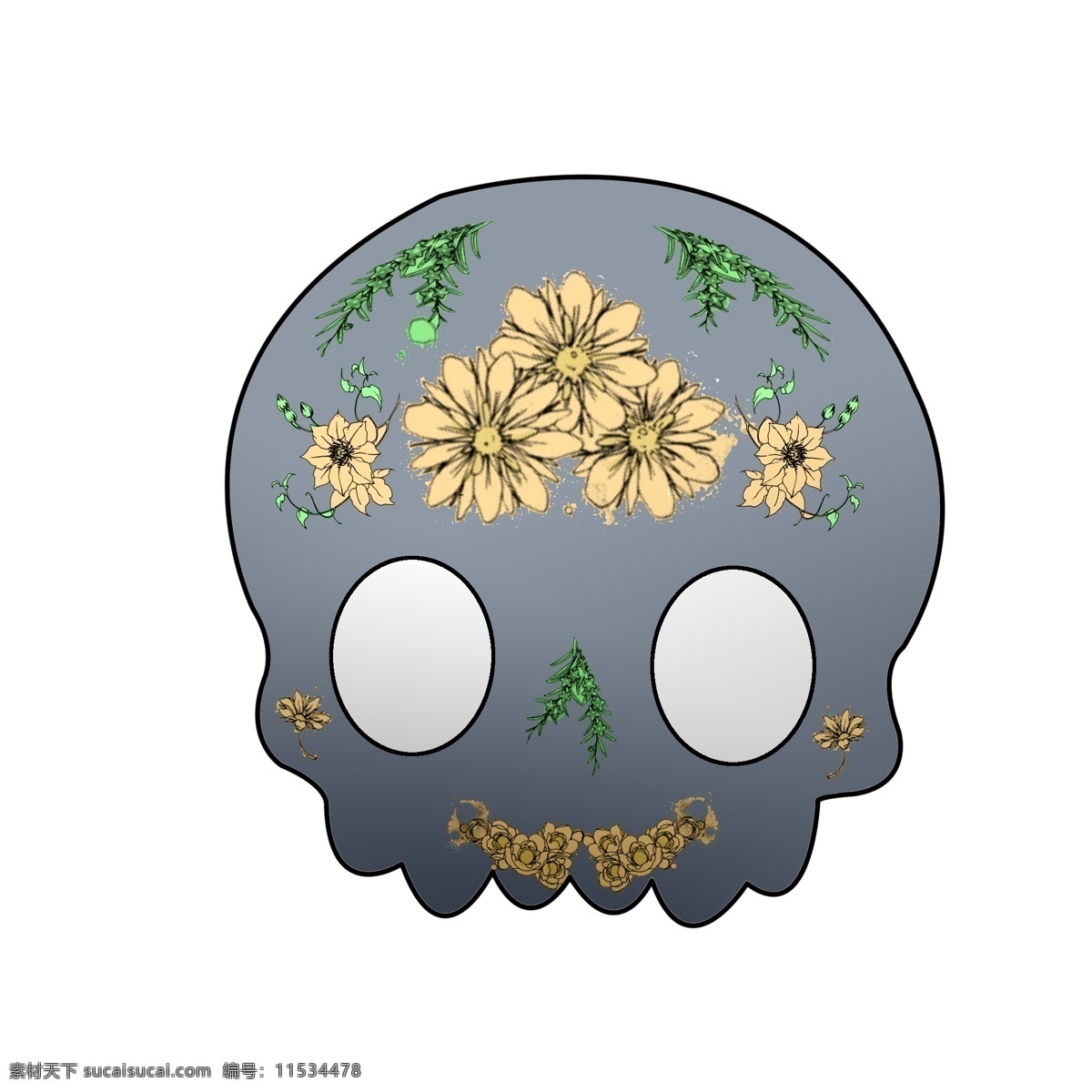 淡 蓝色 骷髅 头 插图 黄色的花朵 绿色的叶子 绿色植物 大大的眼睛 创意骷髅头