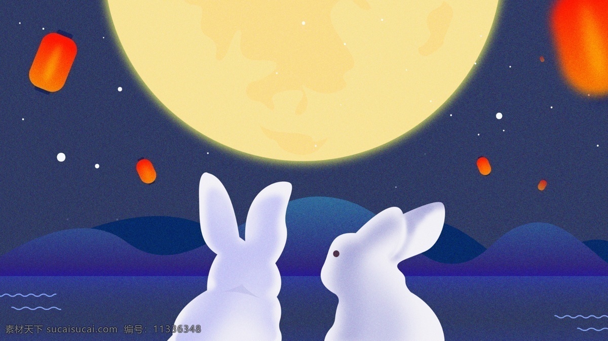 中秋节 小 兔子 湖面 望月 放 许愿 灯 星空 可爱 背影 灯光 小兔子 许愿灯 夜晚 配图 节气