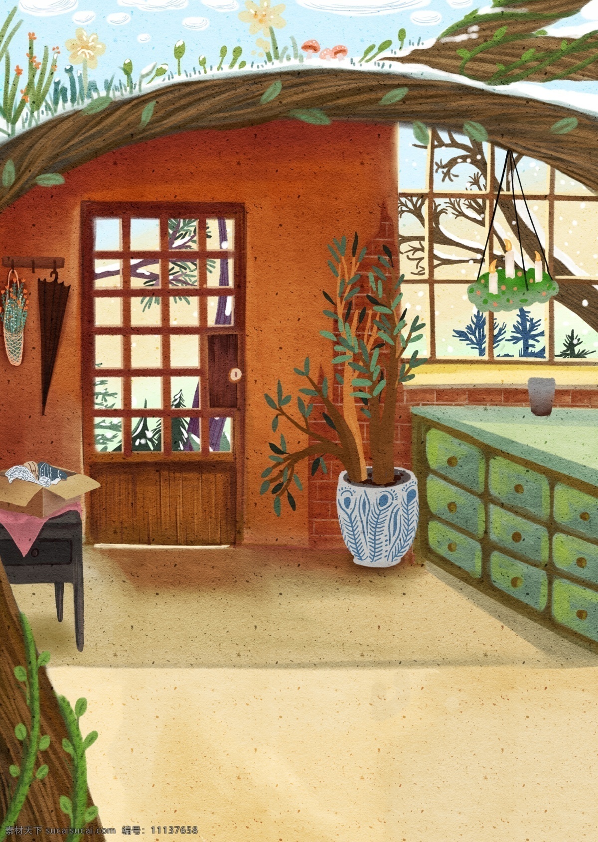 彩绘 现代 花园 家居 背景 盆栽 桌子 农家背景 植物 柜子 背景设计 通用背景 背景展板 促销背景 背景展板图