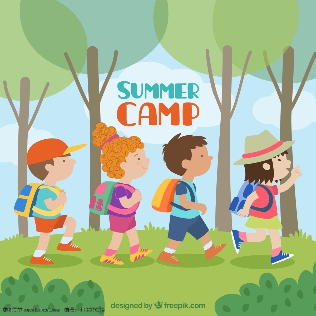 创意 夏季 野营 儿童 男孩 女孩 树木 草地 人物 人物图库 儿童幼儿