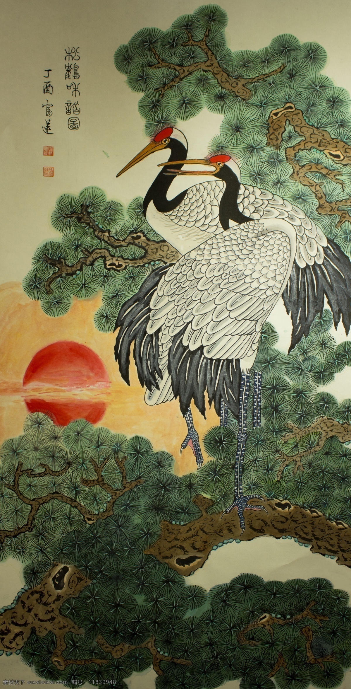 松鹤图 松鹤 松树 植物 仙鹤 鸟儿 动物 太阳 贺寿 装饰 生物世界 鸟类