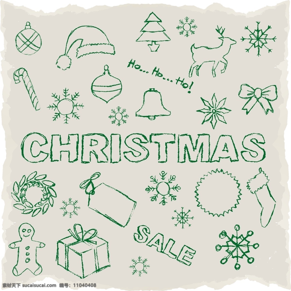 绿色 圣诞 插画 矢量 圣诞节 圣诞树 圣诞帽 手绘 雪花 铃铛 圣诞袜 蝴蝶结 麋鹿 拐棍糖 姜饼人 礼包 矢量图 白色