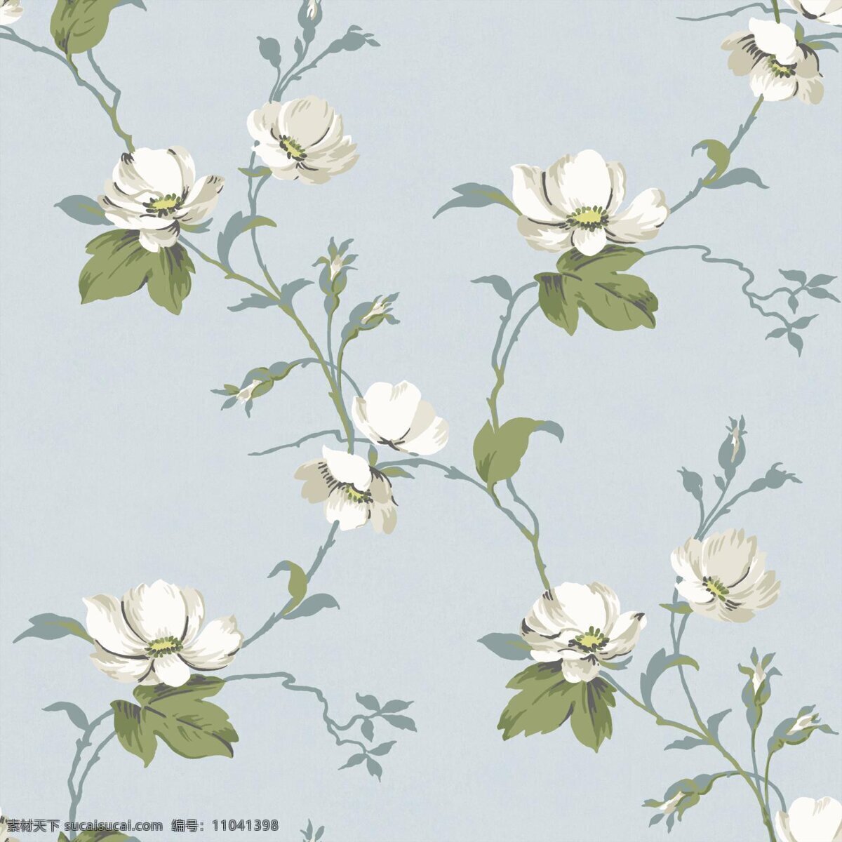 清新 素雅 蓝色 底纹 植物 壁纸 图案 白色花朵 蓝色底纹 绿色树叶 清新风格 植物壁纸