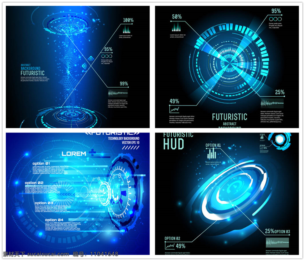 科幻风背景 矢量素材 矢量图 设计素材 抽象 蓝色 未来 科幻 hud 高科技 界面 交互 环形 光效 炫丽 绚丽 黑色