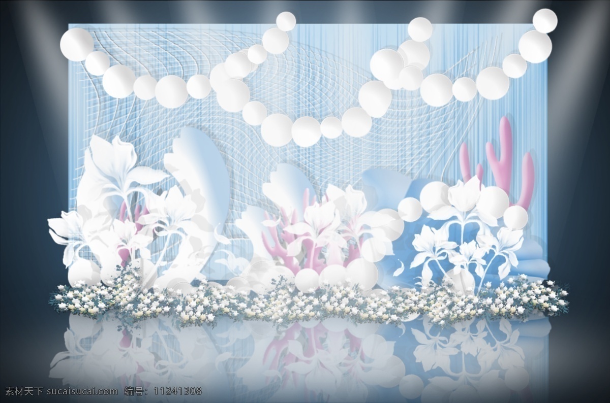 蓝色 海洋 主题 婚礼 迎宾 区 效果图 主题婚礼 迎宾区 蓝色花艺素材 白色纸艺 海浪造型 泡沫球 渔网