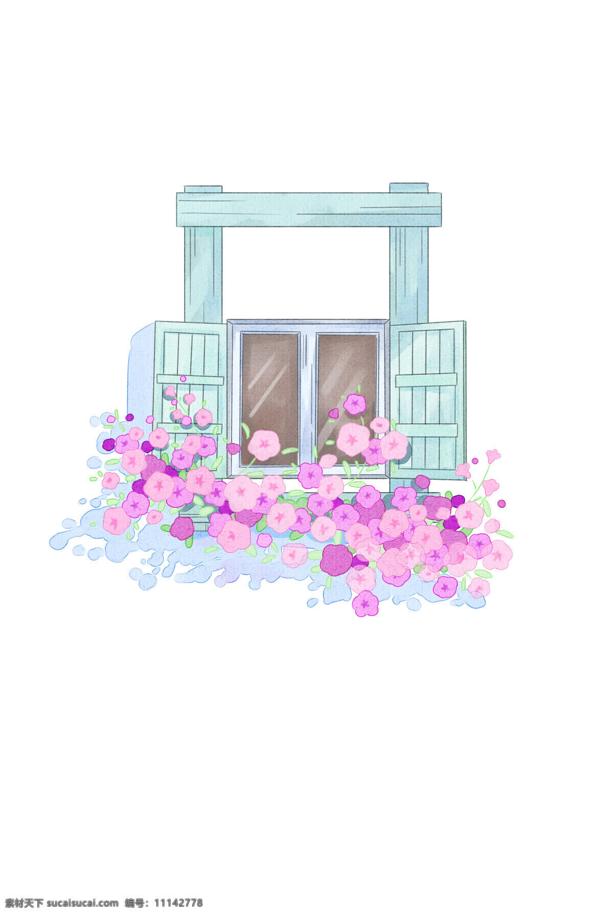水彩花窗户 水彩花 花朵 花儿 彩色的花 水彩 卡通 卡通设计