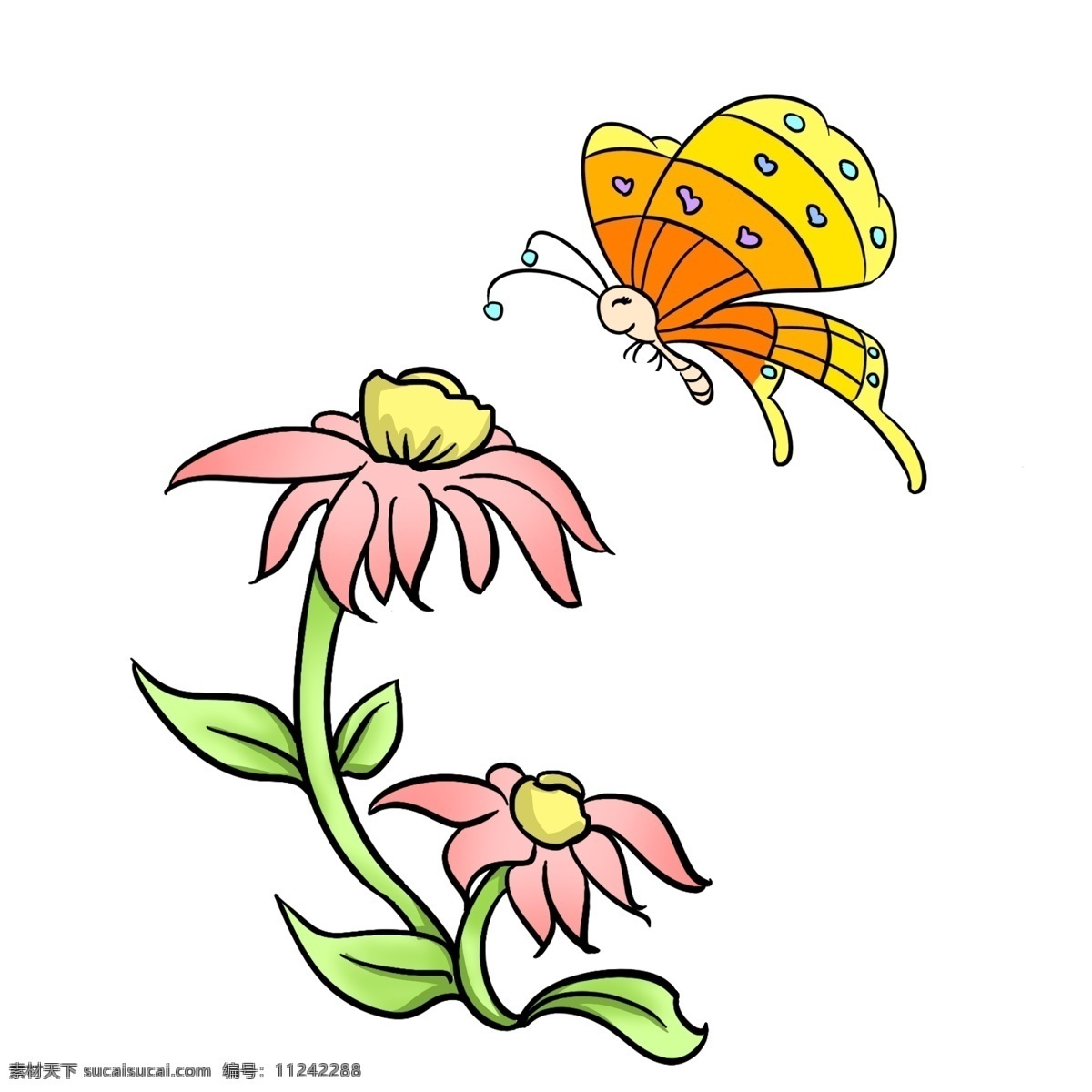 手绘 立春 蝴蝶 插画 漂亮的蝴蝶 黄色的蝴蝶 卡通插画 手绘立春插画 二十四节气 黄色的花朵