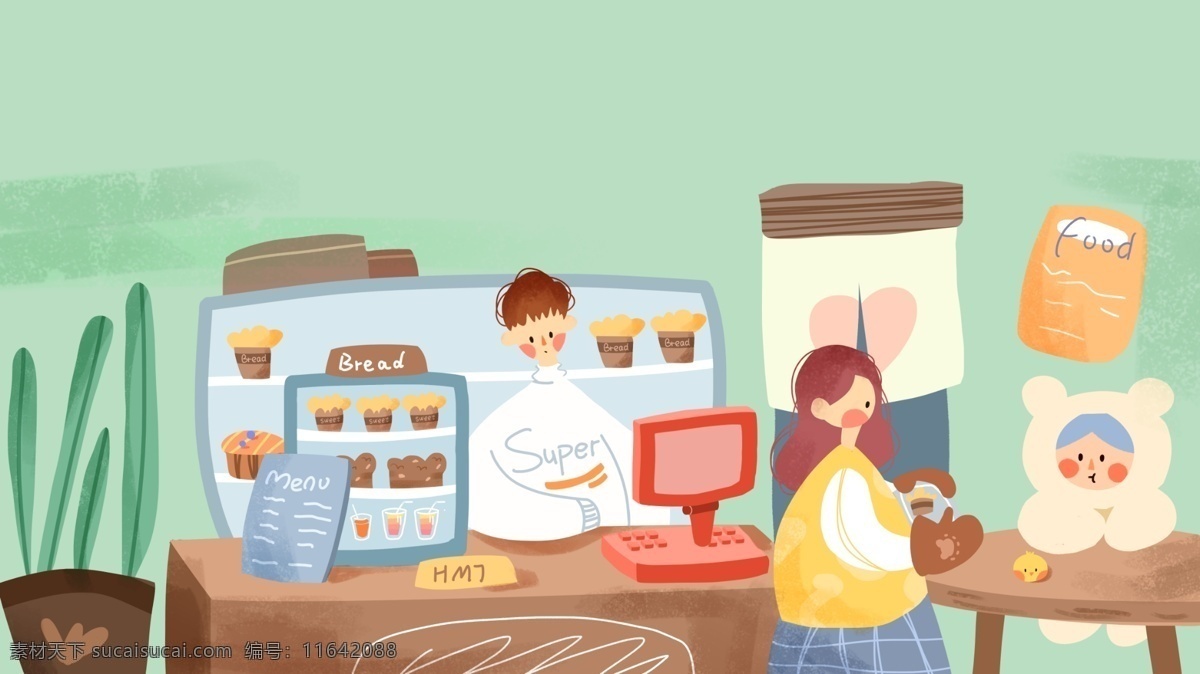 温馨 风格 商店 卡通 背景 绿色 蛋糕 甜点 女孩 顾客 收银员
