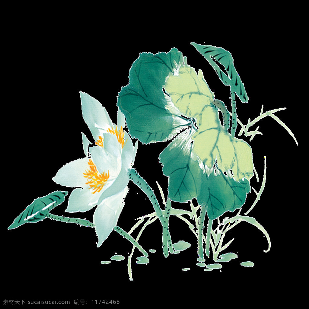 水墨 荷花 透明 装饰 png素材 白色 逼真 荷叶 绿色 免扣素材 中国画