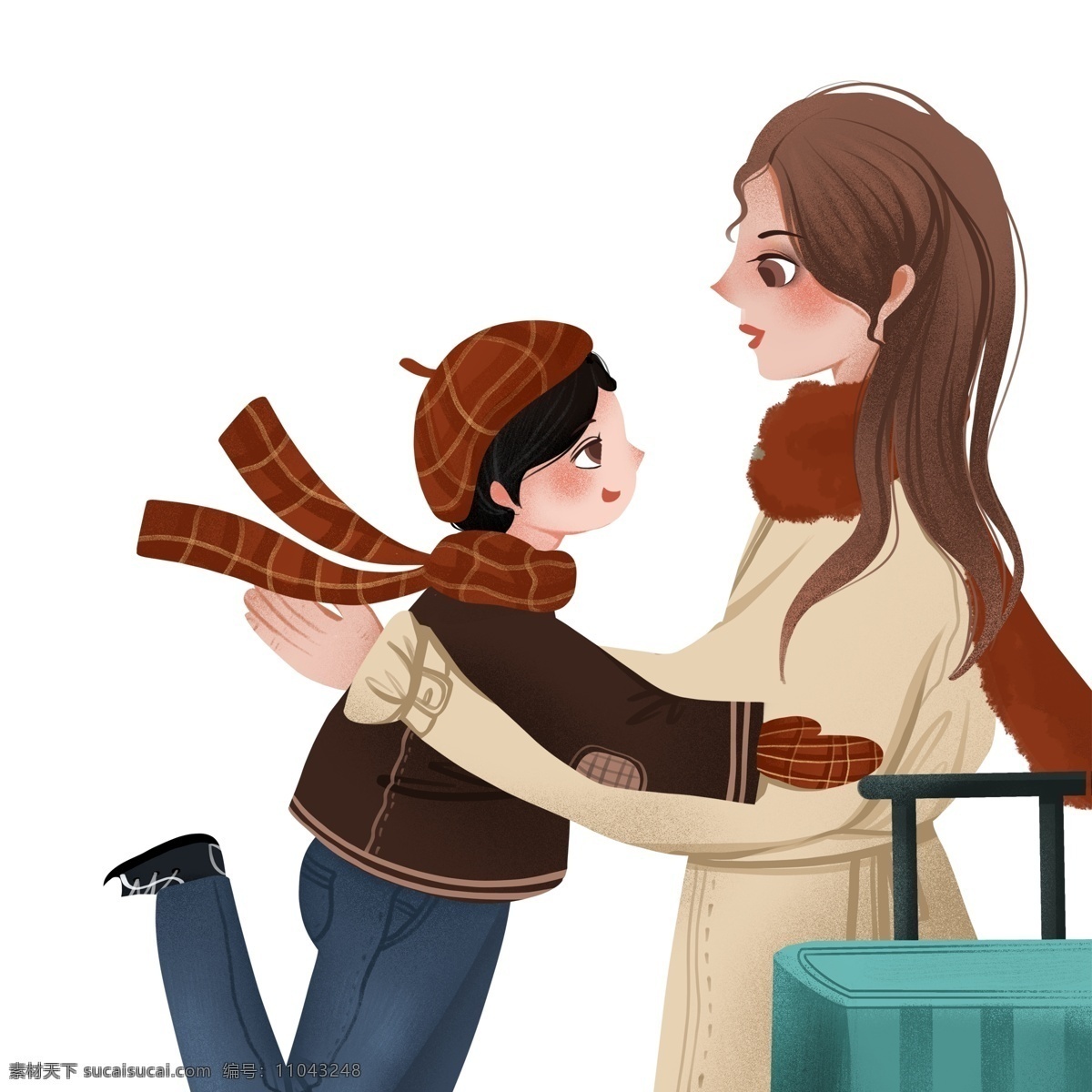 彩绘 春节 回家 团圆 母子 俩 卡通 插画 母亲 复古肌理 行李 儿子 拥抱 场景设计