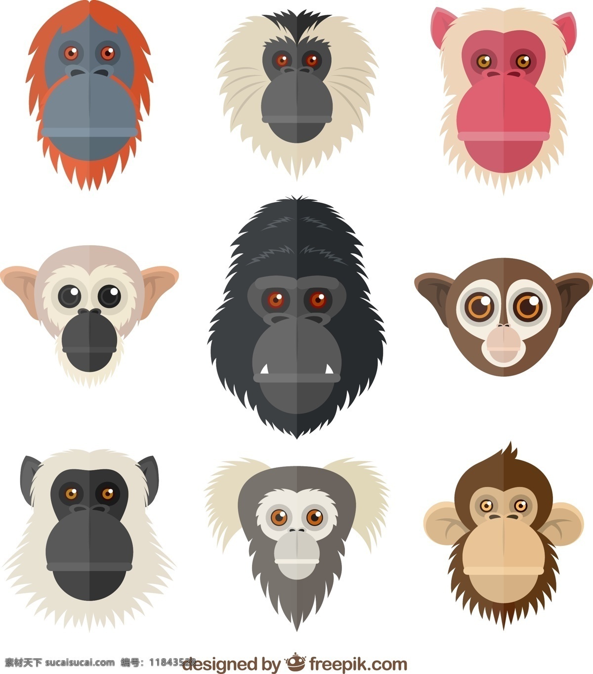 创意 猴子 猩猩 头像 狒狒 动物 矢量图 白色